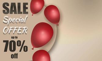 Special offer sale on beige background with red balloons. vector