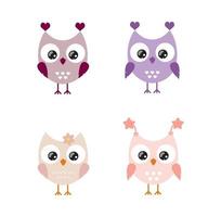 Clipart owl girl isolated on a white background. Vector flat cartoon illustration for a child. Background for textiles, books, postcards, holiday decor, invitations. The attributes of the birthday