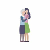 An adult daughter hugs her elderly mother. Mother and child, grandmother and granddaughter. Vector flat cartoon illustration. Mother's day card. Young and old women.