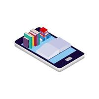 Vector cartoon isometric illustration isolated on a white background. Smartphone, books and reading. The concept of reading online, e-books and online libraries. Logo design, website reader