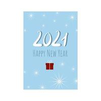 New year's blue card with the inscription 2021 and happy new year. Vector banner with Christmas greetings. Print postcards in large quantities, lettering by hand. Gift and snowflakes.