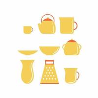 A set of yellow kitchen utensils and household items. A glass, a kettle, a bowl for tea. Vector flat illustration. Clipart on the topic of cooking. Icons for cafes, restaurants, bars, and kitchens.