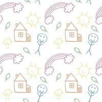Funny children's seamless Doodle background with children's illustrations of house, person, twigs, rainbow, sun. Vector illustration of a pattern. Texture for textiles, clothing, packaging paper, gift