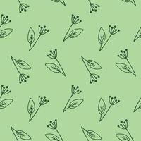 Seamless endless background with the image of Doodle twigs. A pattern with a contour Doodle illustration. Green flower on a green background. Vector illustration for textiles, packaging paper