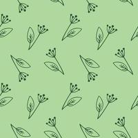 Seamless endless background with the image of Doodle twigs. A pattern with a contour Doodle illustration. Green flower on a green background. Vector illustration for textiles, packaging paper