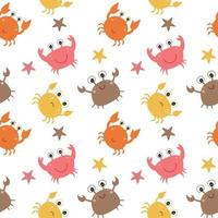 Children's endless seamless pattern. Funny and sad crabs and starfish. Background texture for sewing clothes, textiles, Wallpaper in the children's room. vector