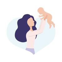A beautiful young mother holds a newborn baby in her arms. A small child in the mother's arms. Pregnancy, family, and motherhood. Flat vector illustration. Postcard of a children's goods store.