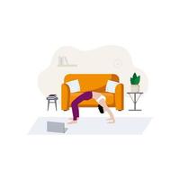 una chica delgada hace ejercicios de yoga en casa. interior de la casa, sofá y estantes. el concepto de estilo de vida saludable, actividades deportivas y entrenamiento. posturas de yoga. ilustración de dibujos animados plano de vector