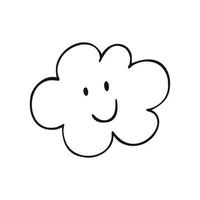 A fun cloud with a black outline on a white background. Children's simple drawing of the Doodle sky. Vector illustration for children. Black-and-white outline image.