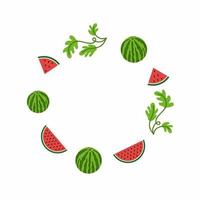 National watermelon day in the United States. Round photo frame with watermelon, watermelon slice and leaves. Design of the summer fruit festival and watermelon festival. Vector illustration