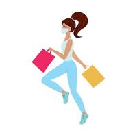A beautiful fashionable girl with makeup in jeans, a t-shirt and a medical mask runs with a bag to the store for shopping at cheap prices, discounts and sales. Vector flat cartoon illustration.