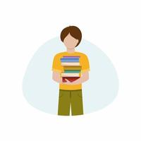 un joven apuesto sostiene una pila de libros. un hombre con libros. el concepto de aprendizaje, conocimiento y lectura de libros. ilustración vectorial plana para una biblioteca o librería electrónica. vector