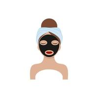 The face of a beautiful girl with a towel on her head and a black charcoal mask on her face. Vector illustration of a cartoon. The concept of body, face and eye care. Cosmetologist services.