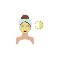 A beautiful girl with closed eyes put a green cucumber mask made of green tea to her face and timed it. Vector flat cartoon illustration for beauty salon, cosmetology, Spa, cosmetics