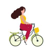 una hermosa niña va en bicicleta a la tienda para ir de compras. el concepto de ciclismo, actividades al aire libre, correr y deportes. cuerpo sano y delgado. ilustración de dibujos animados de vector