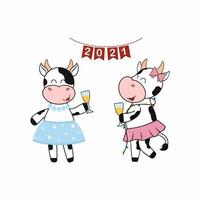 Two funny cow girls celebrate the new year on the background of a sign with flags 2021. Bull drinks champagne. The symbol of new year according to the Chinese horoscope. Vector cartoon illustration.