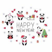 New year and Christmas fun set with cute pandas who hug, give gifts, dress up the Christmas tree and celebrate the holiday. Vector stickers for social networks. Pandas in different poses and clothes.