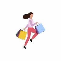 A girl with bags from the supermarket runs for shopping. The buyer with the product. Vector flat illustration of a female character.