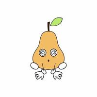 una pera cansada está sentada en el suelo. frutas y verduras divertidas con cara y emociones. pera divertida con ojos, manos y pies. Ilustración infantil para emoticonos. vector