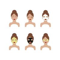 A young and beautiful woman looks after and cares for the skin of her face. A set of icons with different actions. Nutrition and body care and .  Vector illustration on the theme of beauty and fashion