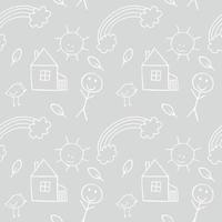 Grey children's seamless background with contour Doodle illustrations. A house, a rainbow, a person, a twig on a gray background. Endless repeating pattern for textiles, fabric, clothing, packaging vector