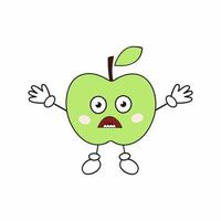 una manzana verde enojada con cara, brazos y piernas. emoji de frutas divertidas para redes sociales. pegatina para niños. vector