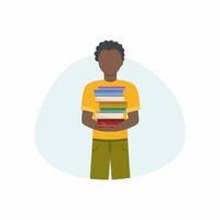 un hombre negro sostiene una pila de libros. un hombre en una biblioteca, una librería. literatura para estudio en casa, lectura y estudio de ciencias. vector ilustración plana.