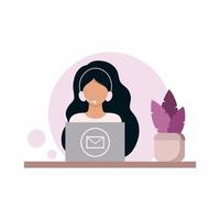 A young dispatcher from a technical support service, service center, or call center sits at a computer and answers customer questions. Illustration for banking business. Vector drawing in flat style.