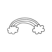 A rainbow and two clouds on a white background. Children's simple drawing of the Doodle sky. Vector illustration for children. Black-and-white outline image.