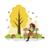 A woman in a sweater sits on a bench and reads a book in an autumn Park. Vector flat cartoon illustration.