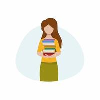 una hermosa niña sostiene una pila de libros. una mujer con libros en la biblioteca. el concepto de lectura, biblioteca electrónica y aplicaciones telefónicas. infografías para una librería. vector ilustración plana.