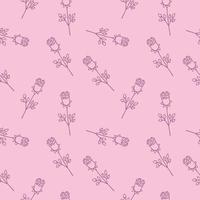 Seamless endless pattern with a pattern of purple roses on a pink background. Book cover, fabric for clothing and fashionable women's print, packaging paper. Vector pattern with a Doodle of a rose.