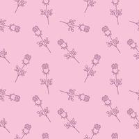 Seamless endless pattern with a pattern of purple roses on a pink background. Book cover, fabric for clothing and fashionable women's print, packaging paper. Vector pattern with a Doodle of a rose.