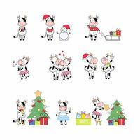 Christmas set with the symbol of the New year 2021. Merry bulls and cows dress up the Christmas tree, drink champagne, give gifts. Happy New year and merry Christmas. Icons with different bulls. vector