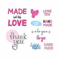 un conjunto de etiquetas para productos hechos a mano. hecho con amor, gracias, hecho a mano. Letras a mano. vector