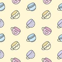 Seamless endless pattern with tea mugs. The Cup's Doodle is hand-drawn on a yellow background.Pattern for textiles, printing, clothing, packaging paper. Background and Wallpaper for the site. vector