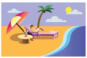 Summer time man sun bathing illustration background. vector