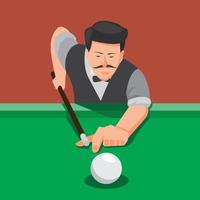 hombre de cerca con bigote disparando bola de billar, ilustración del juego de billar en vector editable de ilustración plana de dibujos animados