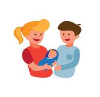 padre joven hombre y mujer con bebé recién nacido, familia feliz, vector de ilustración de dibujos animados plano aislado en fondo blanco