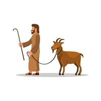 Man walk with goat. symbol for qurban islam tradition in eid ul adha islam tradition vector in cartoon illustration on white background on white background