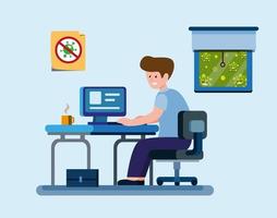 man work from home to protection from virus infection, office worker or student in self quarantine activities in cartoon flat illustrtion vector