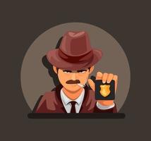 detective mostrando placa de policía. Concepto de personaje de agente de investigación de caso criminal en vector de ilustración de dibujos animados