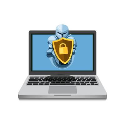 Notebook with knight hold shield guard. computer internet security software from malware symbol concept in cartoon vector