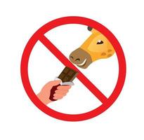 No se alimente en el letrero de animales, mano sosteniendo una barra de chocolate dando a la prohibición de jirafas en el zoológico o parque en el vector de ilustración plana de dibujos animados