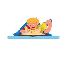 little boy reading pop up story book use flashlight under blanket in bed before sleep night flat cartoon illustration background vector