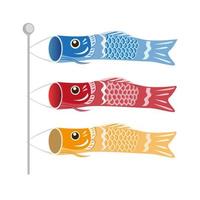 Japanese Childrens Day Koinobori, Fish Carps Flags in three color icon set in flat illustration vector isolated in white background