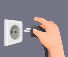 hand put electric plug to socket outlet in wall. electricity energy saving symbol in cartoon illustration vector