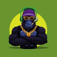 gorila, rey kong, mono, llevando, auriculares, y, oro, collar, mascota, carácter, ilustración, vector