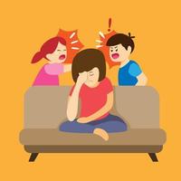 child fight and shout around parent,upset tired mother in sofa with naughty kids in cartoon flat illustration vector