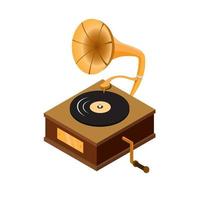 gramophone isometric, classic audio music player device wooden box with vinyl record cartoon flat illustrtion vector